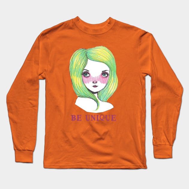 Be Unique: Pretty Green Haired Girl Long Sleeve T-Shirt by Tessa McSorley